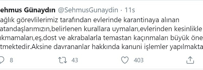Vali uyardı, karantinaya uymayanlar hakkında kanuni işlem yapılacak