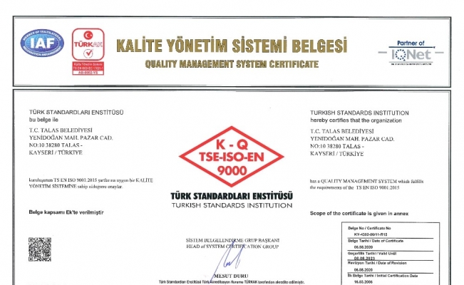 Kalitesi tescilli belediye ‘Talas’