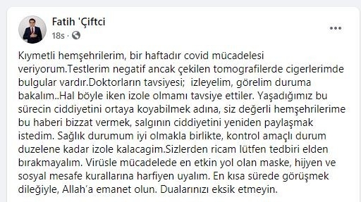 Gülşehir Belediye Başkanı Çiftçi, kendini karantinaya aldı