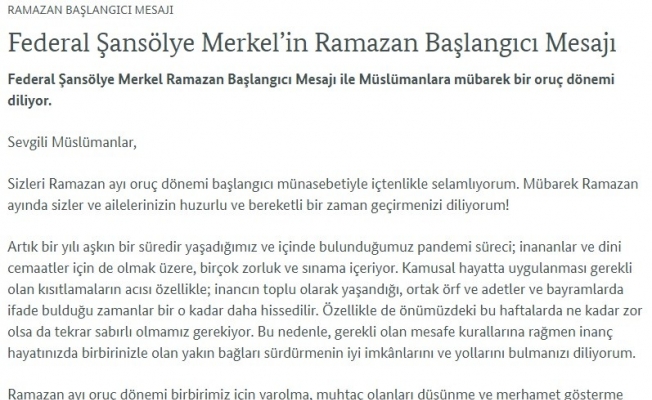 Almanya Başbakanı Merkel’den Türkçe Ramazan mesajı