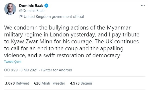 İngiltere Dışişleri Bakanlığı’ndan Myanmar’a büyükelçi tepkisi: “Askeri rejimin zorbalığını kınıyoruz”