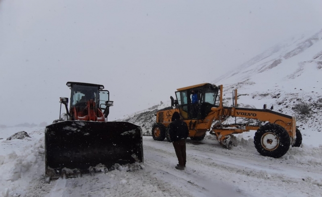 Kar yağışı altında yayla yollarını açmayı sürdürdüler