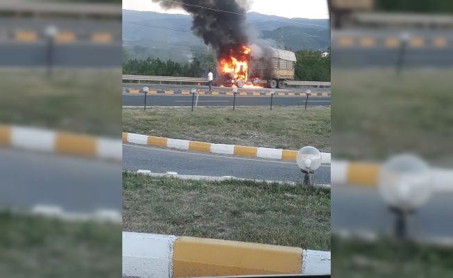 Seyir halindeki kamyon alev alev yandı